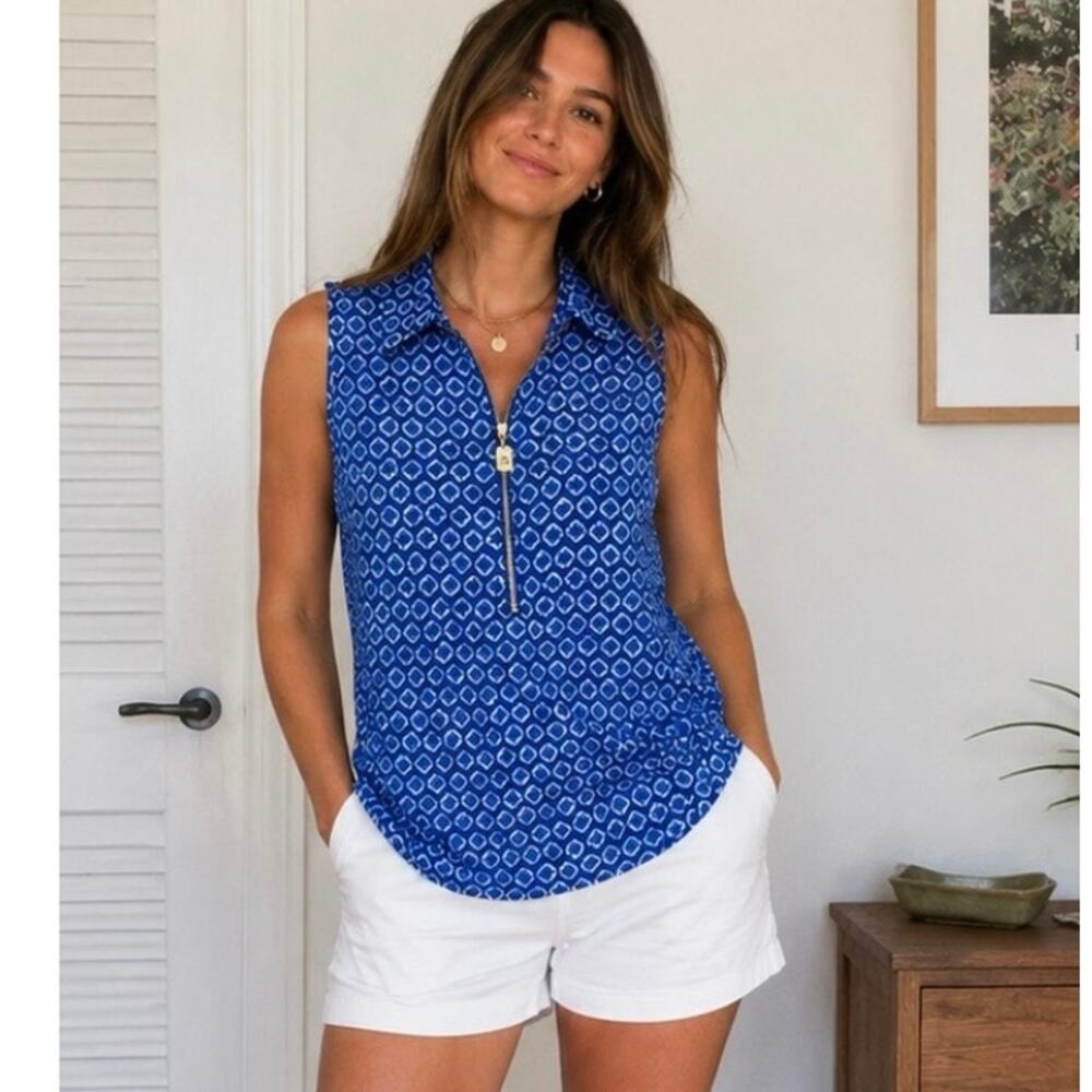 Michael Kors Blue Geometric Print Zip Front Sleeveless Blouse Top Size L